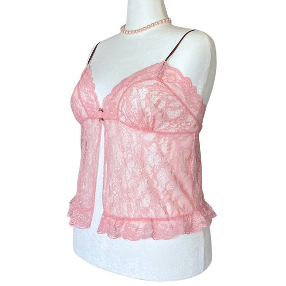 Vintage Y2K Victoria’s Secret Sheer Pink Lace Split Babydoll Cami Coquette M/L - Picture 2 of 9